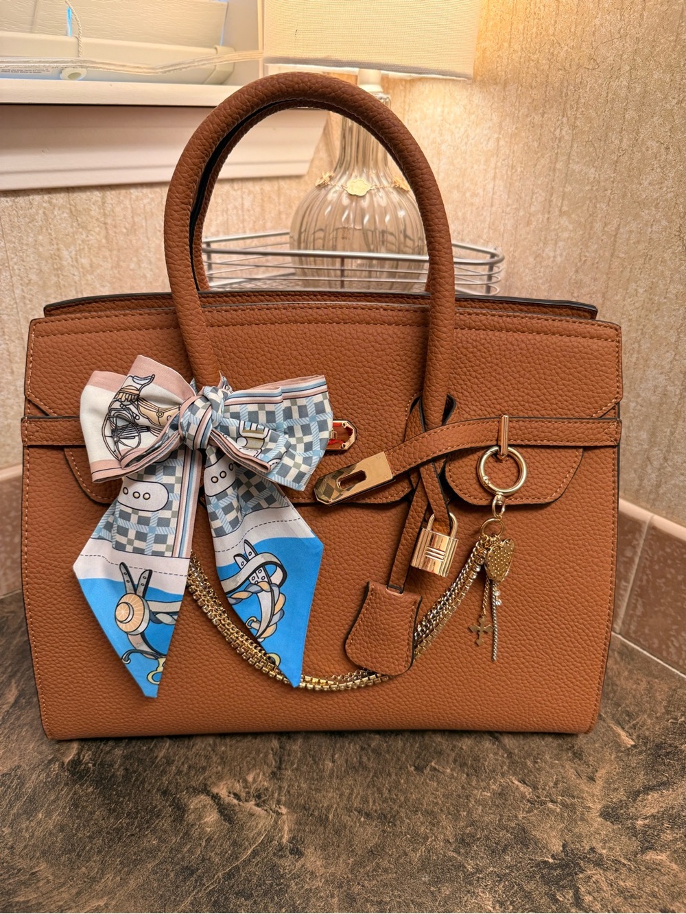 Cognac Structured Women’s Tote Bag with Gold Hardware, Lock & Key 👜